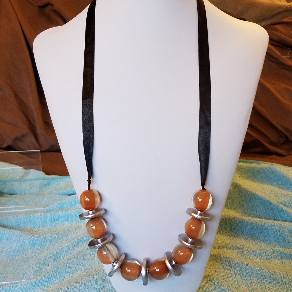 NWT Handmade Necklace Orange Sparkle Black